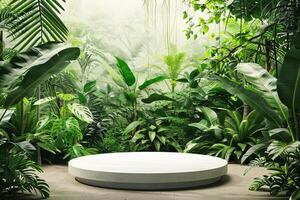 AI generated circular product podium presentation with jungle tropical plants background photo