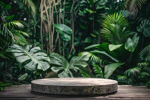 AI generated circular product podium presentation with jungle tropical plants background photo