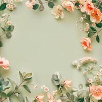 AI generated flowers botanical frame on olive pastel background photo