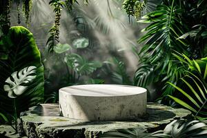 AI generated circular product podium presentation with jungle tropical plants background photo