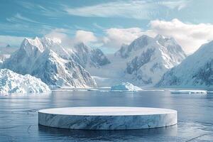 AI generated product podium stage presentaion with glacier background for advertisement photo