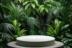 AI generated circular product podium presentation with jungle tropical plants background photo