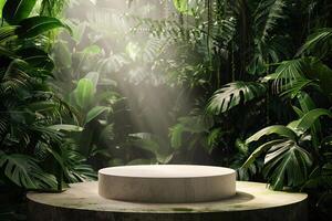 AI generated circular product podium presentation with jungle tropical plants background photo