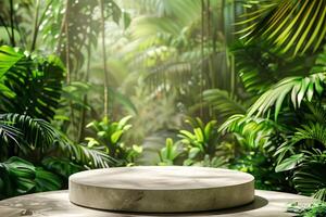 AI generated circular product podium presentation with jungle tropical plants background photo