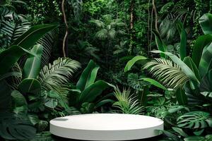 AI generated circular product podium presentation with jungle tropical plants background photo