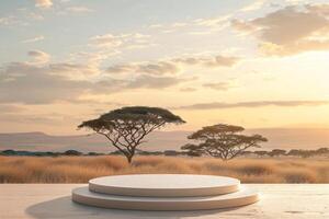 AI generated product podium presentation for advertisement with tree and mountain africa savanna background photo