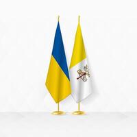 Ukraine and Vatican City flags on flag stand, illustration for diplomacy and other meeting between Ukraine and Vatican City. vector