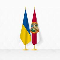 Ukraine and Florida flags on flag stand, illustration for diplomacy and other meeting between Ukraine and Florida. vector