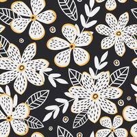 Fancy white flowers, leaves and branches form a modern botanical seamless pattern for textiles with a black background. Vector. vector