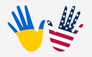 The flags of the country are depicted on the palms of the hands. USA and Ukraine united. Partnership and support horizontal banner. Vector. vector