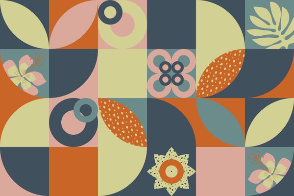 A collage of geometric shapes and flowers forms a modern print for textiles, pillows, and interior design. Vector.