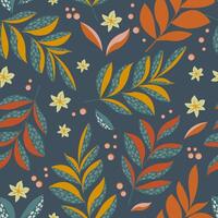 Colorful fantasy leaves on branches with small flowers form a seamless pattern for textiles. Vector. vector