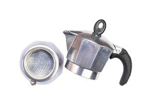Top view parts of italian moka pot coffee maker isolated on white background with clipping path. photo