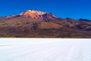 View of Salar de Uyuni Volcan Tunupa and the village of Coqueza in Bolivia photo