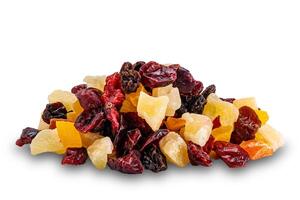 Pile of various dried tropical fruit isolated on white background with clipping path. photo