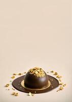 AI generated Chocolate ball with golden sprinkles on white marble table. Copy space. photo