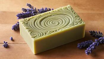 AI generated Handmade soap and lavender flowers on wooden background, closeup photo