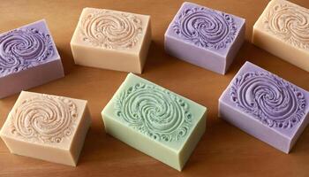 AI generated Handmade soap bars on wooden background, closeup. Spa treatment photo