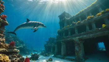 AI generated Dolphin swimming in the underwater world of ancient ruins photo