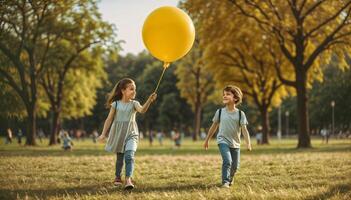 ai generado dos niños jugando con un grande globo en el parque foto