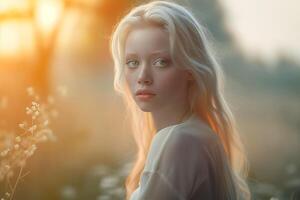 AI generated Portrait of a beautiful young girl outdoor at sunset in nature photo