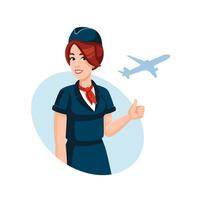 Young smiling stewardess showing thumbs up. Traveling, Air travel, airlines concept, flat design, cartoon style. Vector illustration. Air hostess in airline uniform.