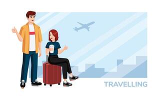 Young couple with suitcase, backpack showing thumbs up at the airport before flight. Travelling concept, flat design, cartoon style. People waiting in airport. Vector illustration