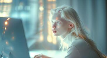 ai generado retrato de un hermosa joven mujer trabajando en un computadora interior en el Mañana Brillo Solar foto