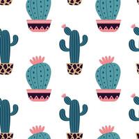 Cute cacti in boho style. Cactus seamless pattern. Trendy boho background. Cacti fabric print design. Succulent textile. Flat design, doodle style, white background vector