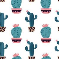 Cute cacti in boho style. Cactus seamless pattern. Trendy boho background. Cacti fabric print design. Succulent textile. Flat design, doodle style, white background vector