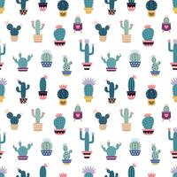 Cute cacti in boho style. Cactus seamless pattern. Trendy boho background. Cacti fabric print design. Succulent textile. Flat design, doodle style, white background vector