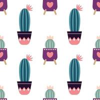 Cute cacti in boho style. Cactus seamless pattern. Trendy boho background. Cacti fabric print design. Succulent textile. Flat design, doodle style, white background vector