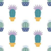 Cute cacti in boho style. Cactus seamless pattern. Trendy boho background. Cacti fabric print design. Succulent textile. Flat design, doodle style, white background vector