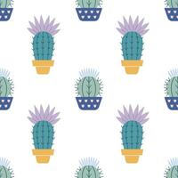 Cute cacti in boho style. Cactus seamless pattern. Trendy boho background. Cacti fabric print design. Succulent textile. Flat design, doodle style, white background vector