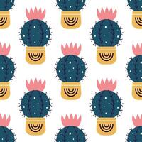 Cute cacti in boho style. Cactus seamless pattern. Trendy boho background. Cacti fabric print design. Succulent textile. Flat design, doodle style, white background vector