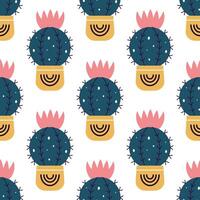 Cute cacti in boho style. Cactus seamless pattern. Trendy boho background. Cacti fabric print design. Succulent textile. Flat design, doodle style, white background vector