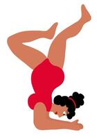 Body positive concept. Black plus size Woman standing in pose yoga. Girl in red swimsuit. Cartoon flat vector illustration.