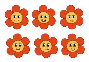 Retro 70s 60s 80s Hippie Groovy cute Red Flowers Set. Smiling face. Collection Flower power elements. Vector illustration isolated on a white background.