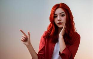 AI generated Red haired girl points with her finger photo