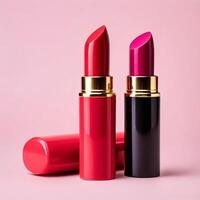 Lipsticks on pink background, close-up. photo