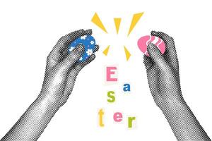 Trendy halftone collage. Hands with painted eggs for easter holiday. Easter greeting. Social media communication, invitation template, greetings.Abstract template. Vector illustration