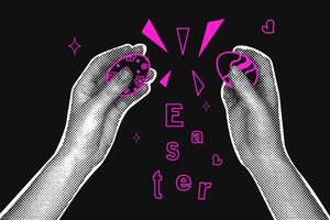 Trendy halftone collage on dark background. Hands with painted eggs for easter holiday. Easter greeting. Social media communication, invitation template, greetings.Abstract template. vector