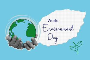 World Environment Day banner. Modern collage with halftone hands and planet Earth. A sheet of paper in the shape of a leaf. We protect the Earth with human hands. Earth Day. vector