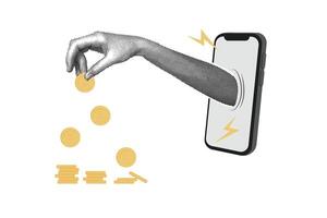 Trendy halftone collage Hand with coins. Stacks of coins.Payment concept. Financial planning. Saving money. Making money and getting paid. Abstract pattern. Vector illustration