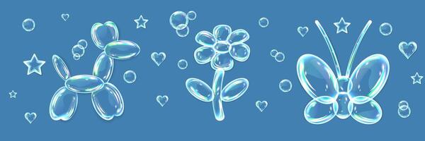 Set of soap bubbles, water drops in shape of butterfly, flower and dog with shadows on blue background. Vector illustration with water drops. Vector illustration