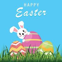 Easter Bunny with Easter eggs on green grass. Festive postcard. Vector graphics