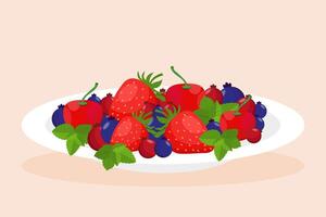 Plate with strawberries, blueberries, cherries. Vector graphics