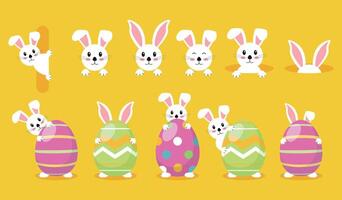 Set of Easter bunnies, rabbits and ears. Modern egg, bunnies for kids standing with placard. Vector graphics in cartoon style
