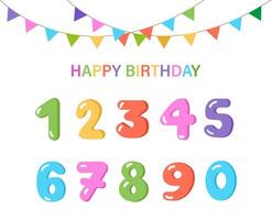 Birthday set. Paper garland, numbers and inscription happy birthday. Vector graphics in cartoon style