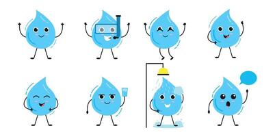 Set cute cartoon characters blue water drops. Vector illustration isolated on white background